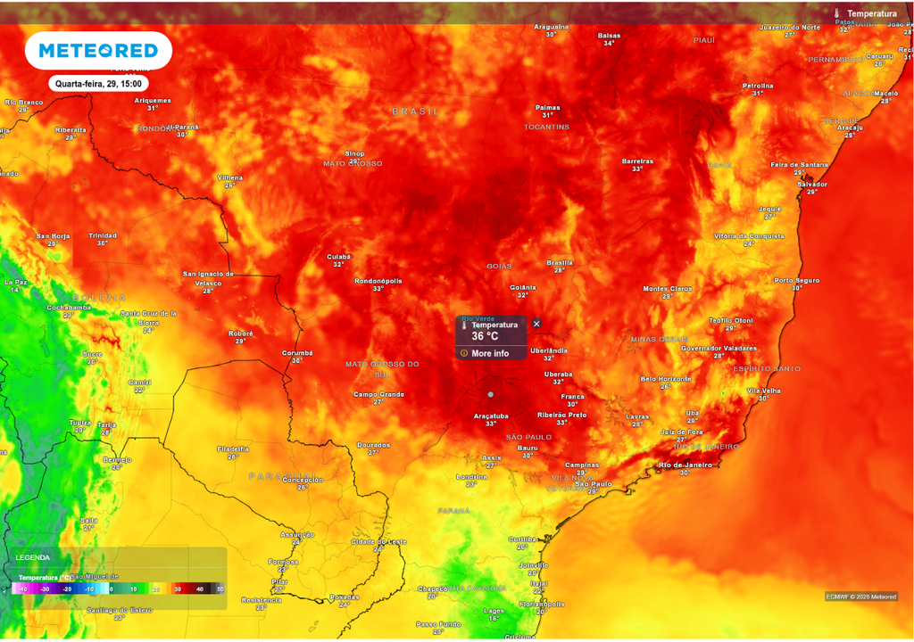 Previsão de temperatura máxima para quarta-feira (29), de acordo com o ECMWF.