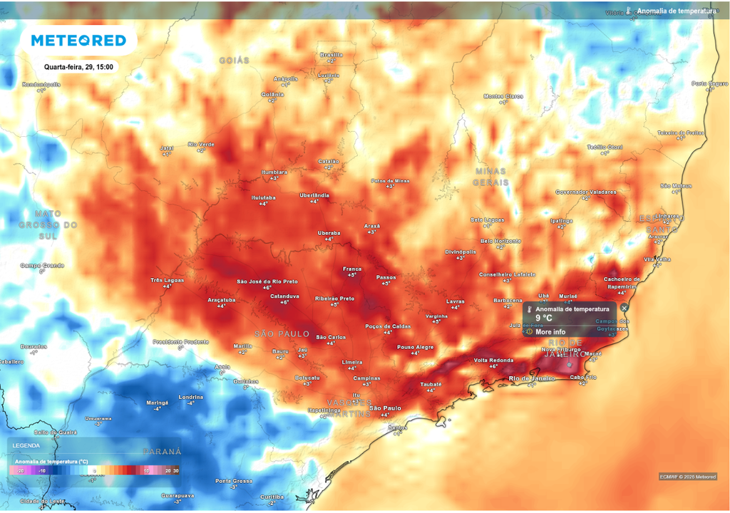 Previsão de anomalia de temperatura para quarta-feira (29), de acordo com o ECMWF.