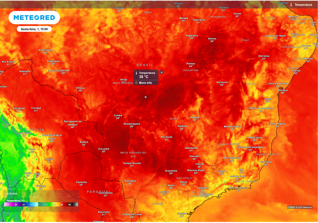 Previsão de temperatura máxima para sexta-feira (1), de acordo com o ECMWF.