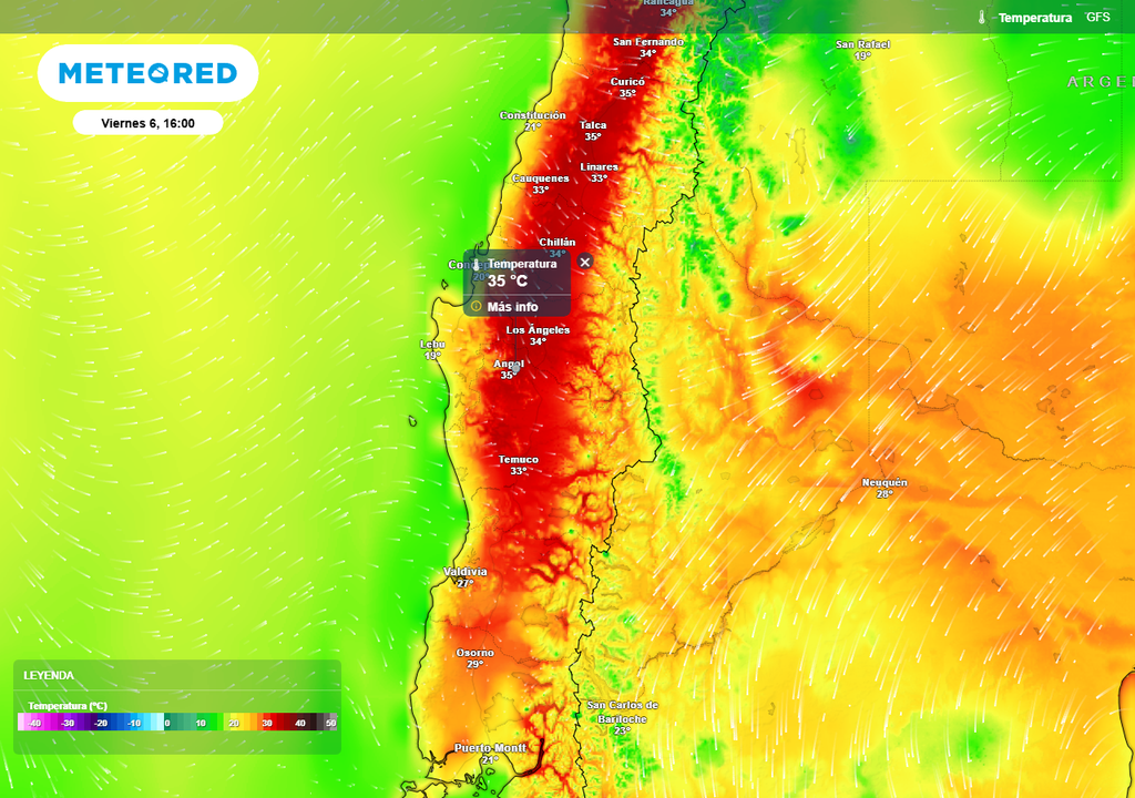 Meteored pronostica dorsal en altura para Chile centro-sur Temperatura máxima (°C) para el viernes 06 de marzo 2026 en Chile centro-sur.