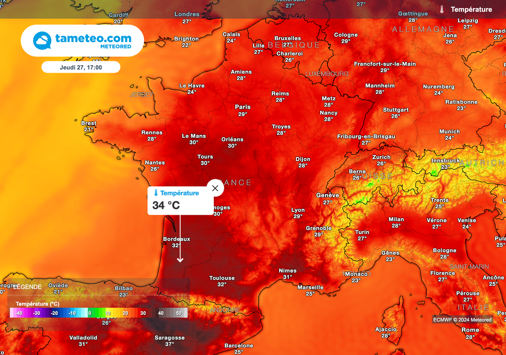 Près de 35 degrés jeudi après-midi dans le sud-ouest ! Près de 35 degrés jeudi après-midi dans le sud-ouest !