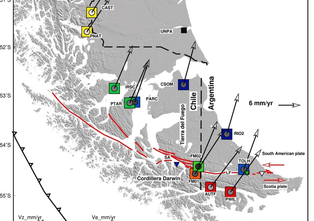 La falla Magallanes-Fagnano (trazos rojo) en Tierra del Fuego. Crédito: DGL/FCFM/UChile.