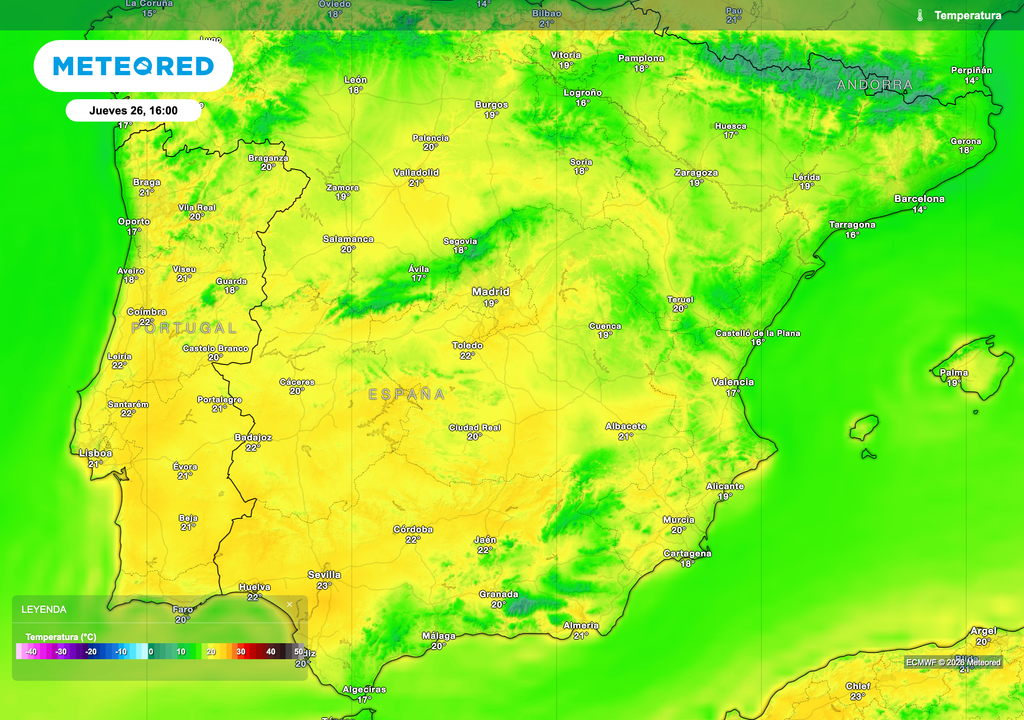 Temperaturas máximas previstas mañana jueves por el modelo europeo.