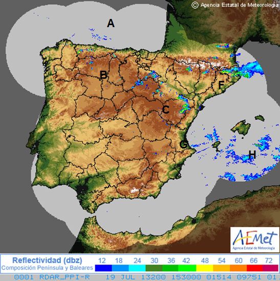 Falsos Ecos Radar (19 Julio De 2013): La Ram Te Pone A Prueba Imagen radar mosico nacional del 19 de julio de 2013 de las 15:30 Z. Fuente AEMET