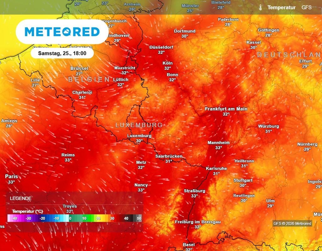 hitzewelle, hitze, heat dome Am Samstag kommt ein erster Hitzeschub im Südwesten an. Es werden erneut Spitzenwerte über 30 Grad erreicht.