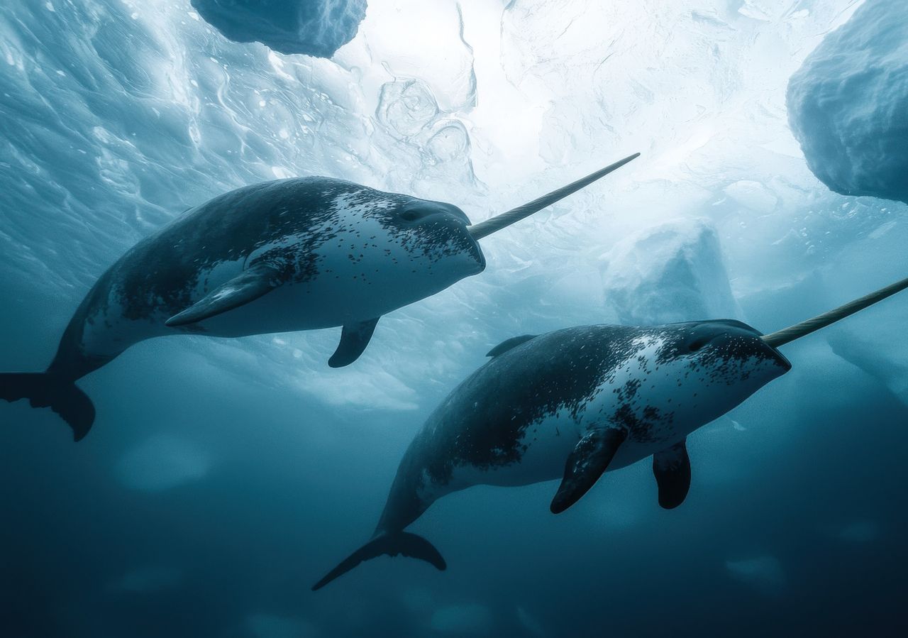 Narvales bajo una fina capa de hielo