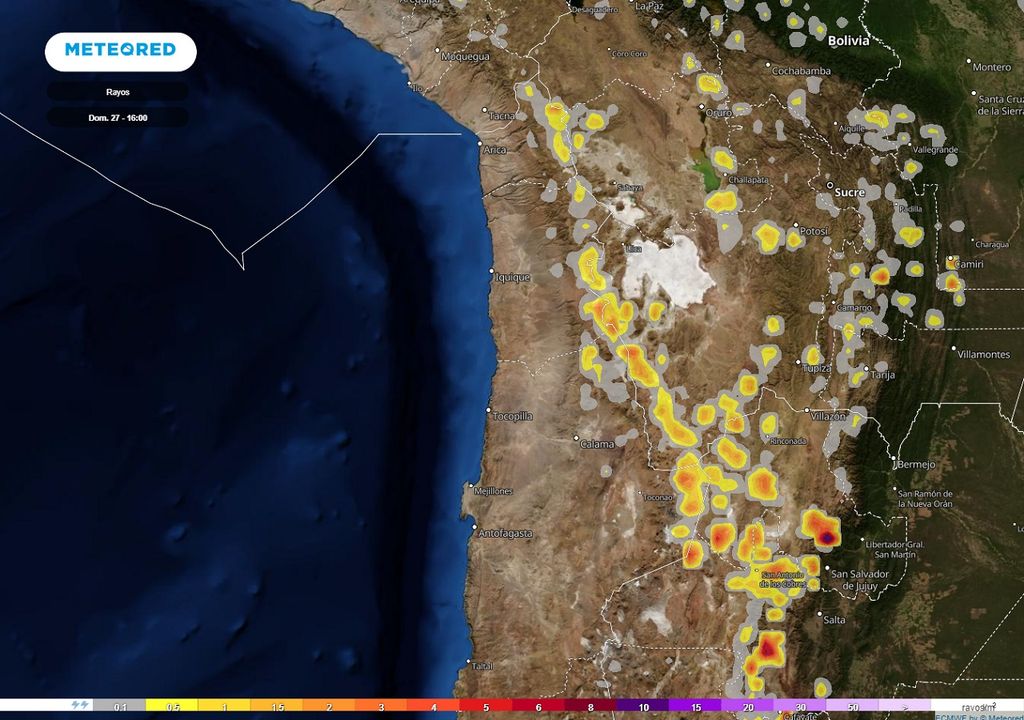 Rayos previstos; modelo ECMWF
