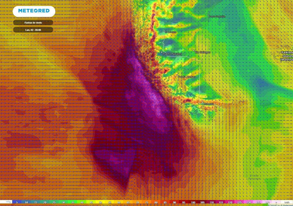 Rachas de viento previsto; modelo ECMWF