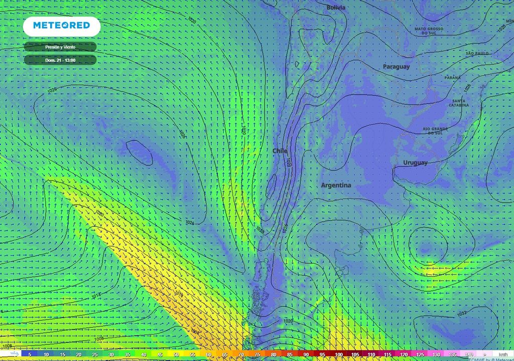 presión y viento previsto; modelo ECMWF presión y viento previsto; modelo ECMWF