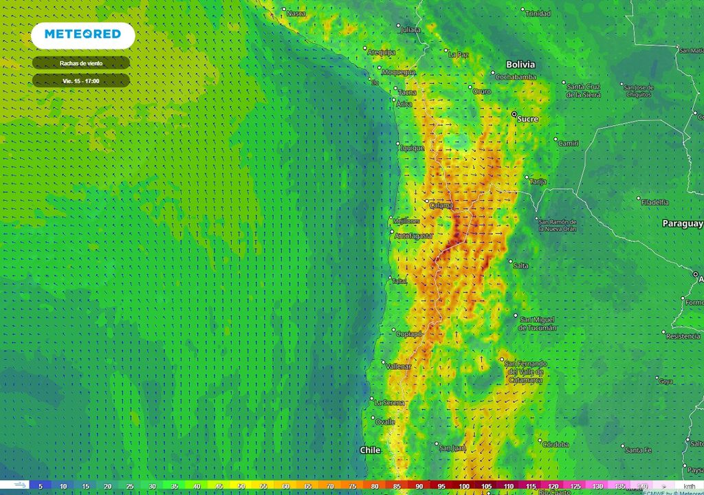 Rachas de viento previstas; modelo ECMWF