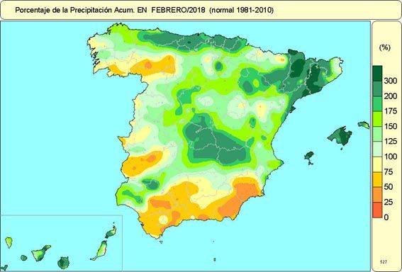 Porcentaje de la precipitación acumulada en febrero 2018 (normal 1981-2010). AEMET