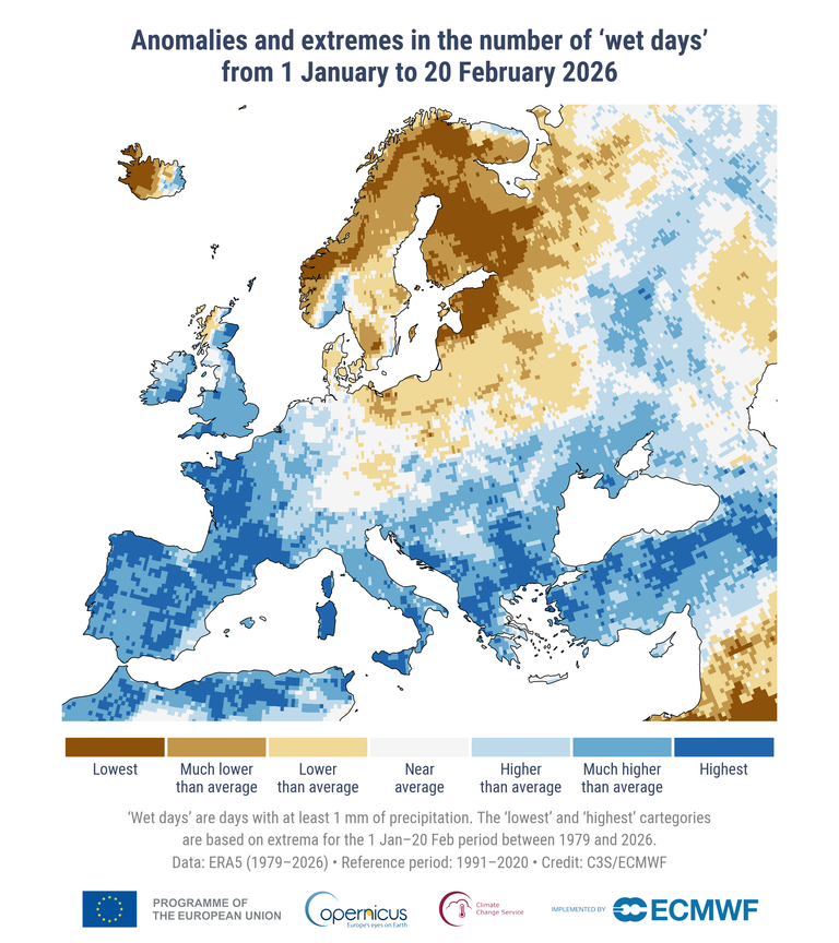 Febrero de 2026: condiciones excepcionalmente h&uacute;medas en Europa occidental, durante el quinto febrero m&aacute;s c&aacute;lido