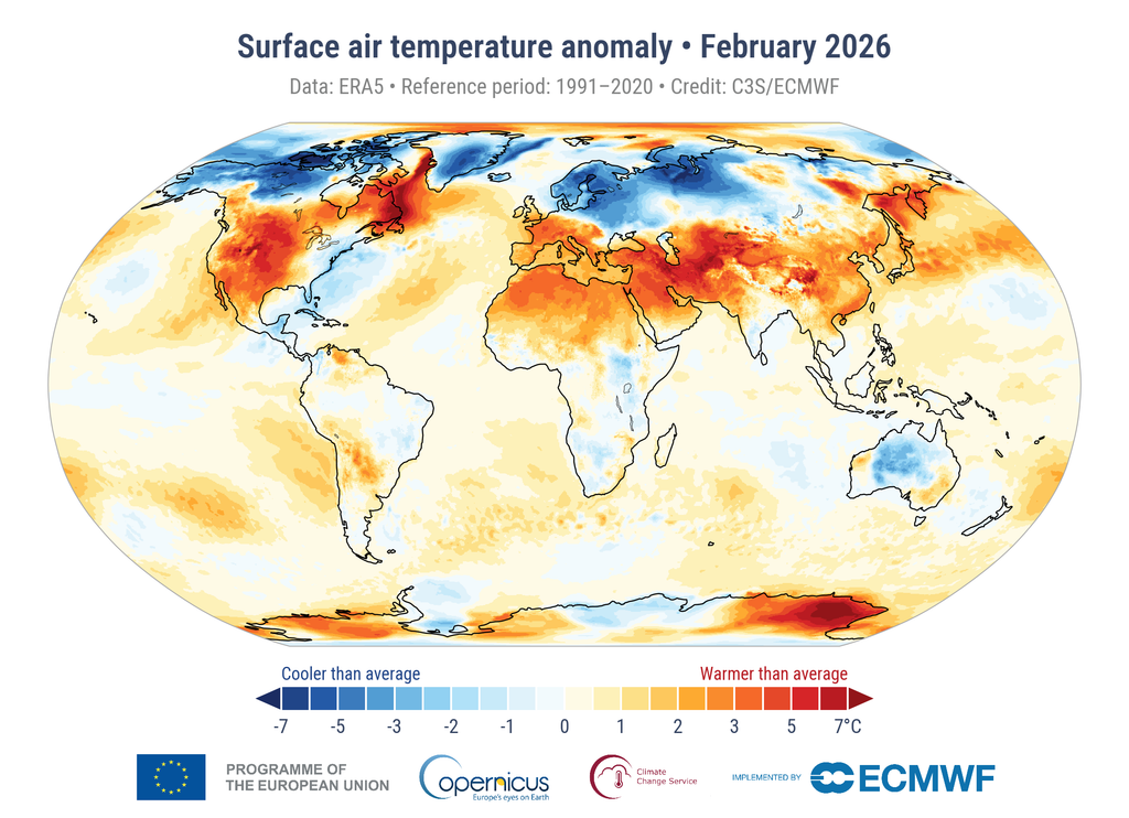 Anomalía de la temperatura del aire en superficie en febrero de 2026 con respecto a la media de febrero para el periodo 1991-2020. Fuente de datos: ERA5. Crédito: Servicio de Cambio Climático de Copernicus/CEPMPM.