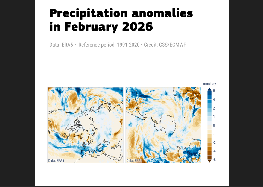 Anomalías de precipitación para febrero de 2026. Fuente: C3S/ECMWF