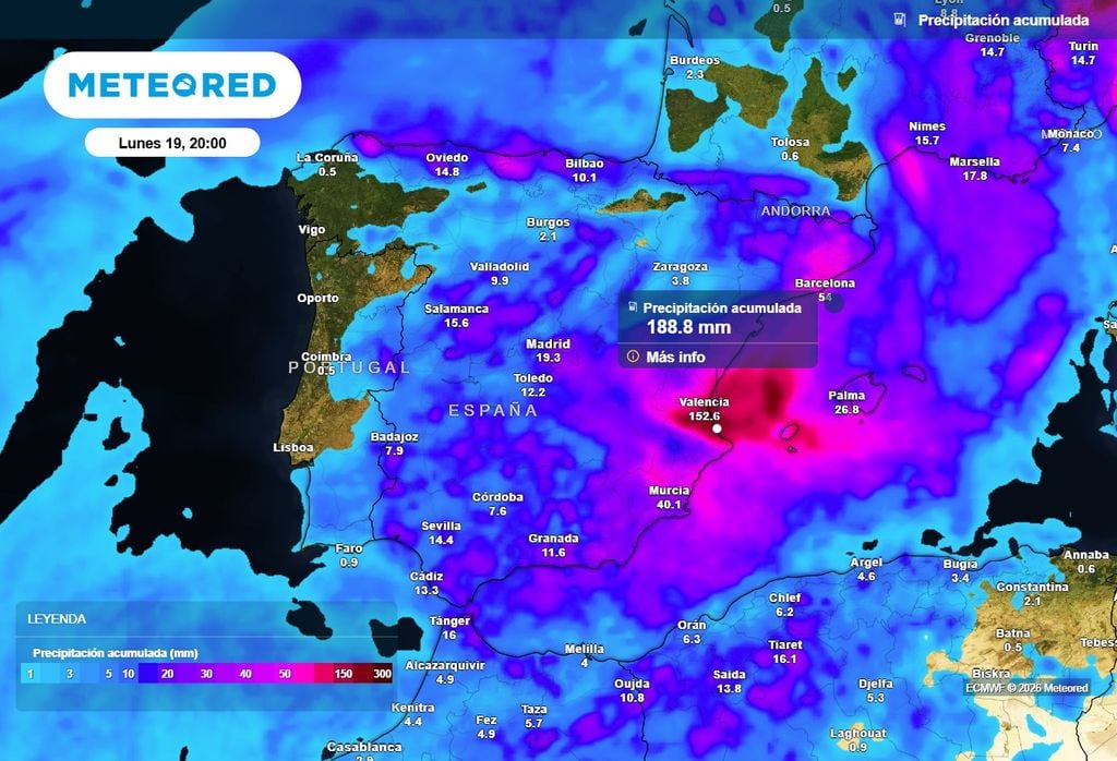Entre el norte de Alicante y el sur de Valencia probablemente se acumularán más de 200 l/m2 en el episodio.