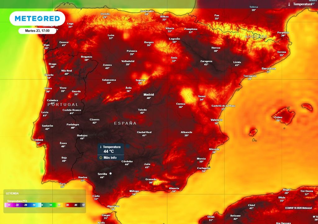 Calor extremo El martes, 23 de junio, será previsiblemente, el día en que la ola de calor alcance su mayor intensidad. En algunas zonas del interior peninsular las máximas se acercarán a los 45 ºC.