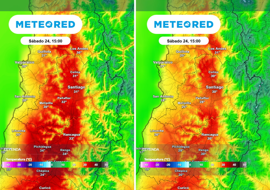 Modelos Modelo GFS concentra el calor en casi toda la RM (imagen izquierda), mientras el ECMWF proyecta un poniente más fresco y Santiago en torno a 30 °C (imagen derecha)