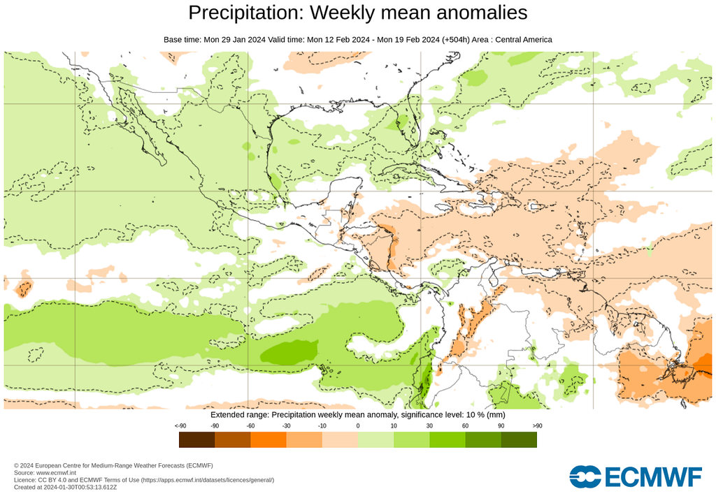 Modelo ECMWF de anomalía de precipitaciones a mitad de febrero Modelo ECMWF de anomalía de precipitaciones a mitad de febrero