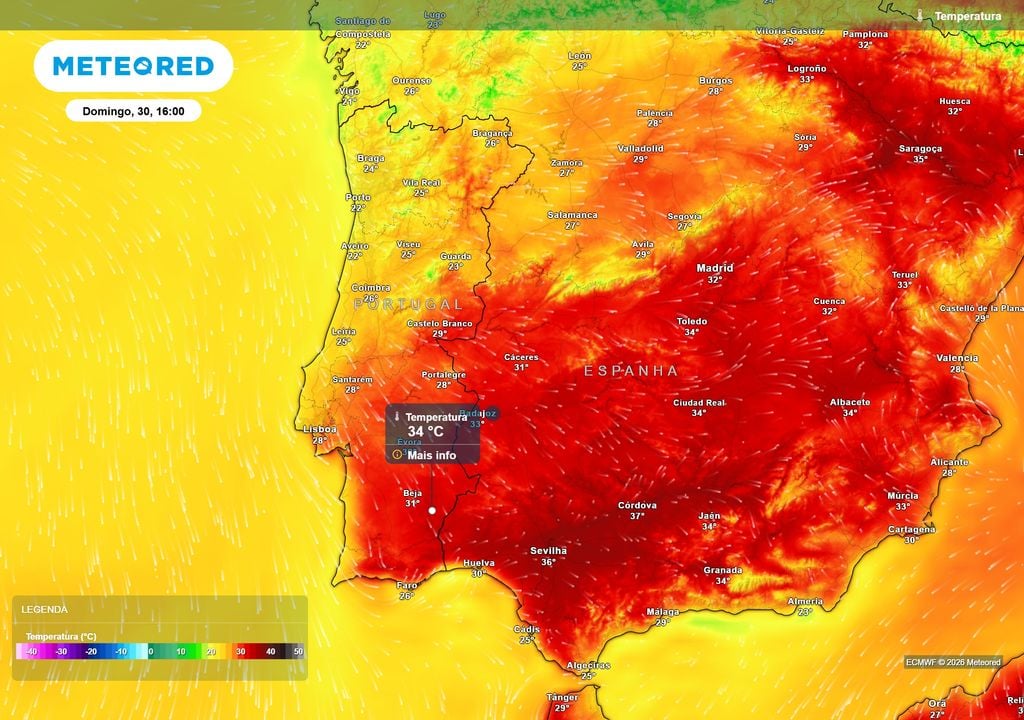 temperatura do ar à superfície Entre sexta-feira e domingo, as temperaturas máximas vão voltar a ultrapassar os 30 ºC em vários locais, especialmente ao longo da faixa interior e no Sul do país.