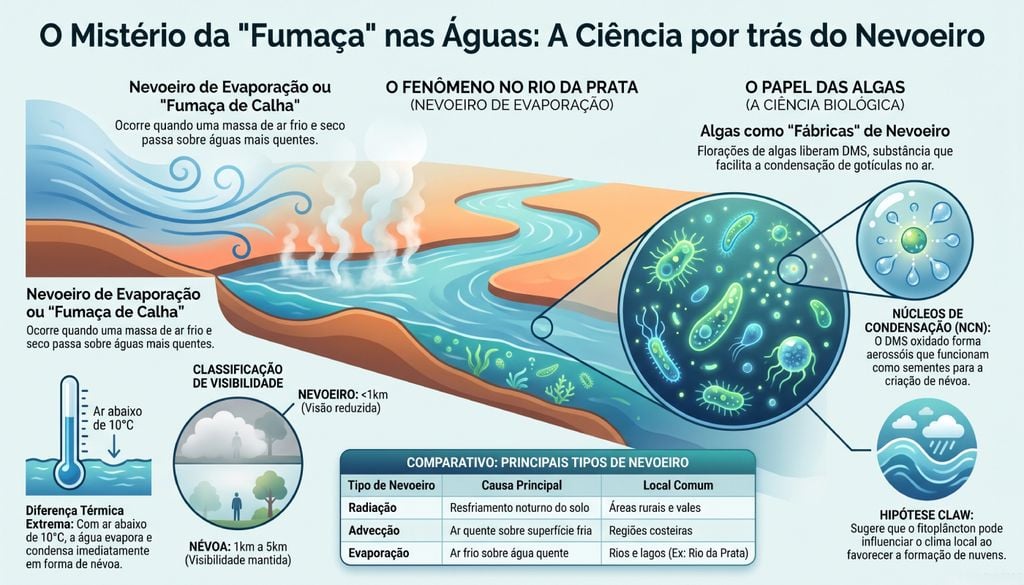 Análise técnica sobre a fumaça de calha que surgiu no Recanto Ecológico Rio da Prata após a chegada de uma frente fria. Imagem: Ilustração