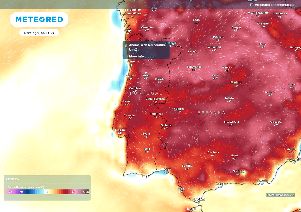 No fim de semana, a anomalia térmica será positiva em praticamente todo o país. A presença de altas pressões favorece o aquecimento à superfície, sobretudo devido à subsidência e à consequente compressão adiabática.