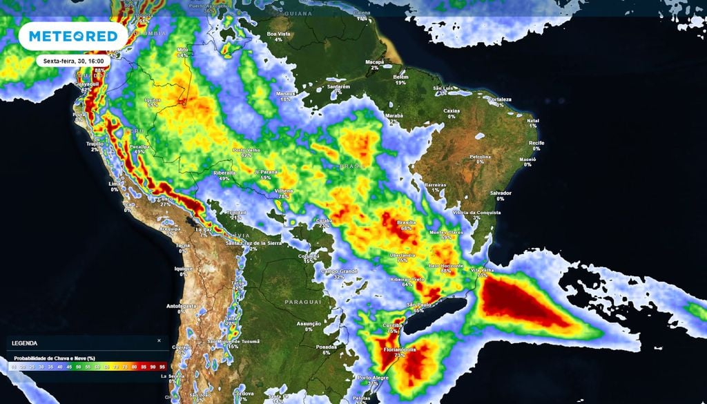 Previsão de probabilidade de chuvas na sexta-feira durante a tarde Previsão de probabilidade de chuvas na sexta-feira durante a tarde mostra regiões que serão mais afetadas pela chuva ao longo da sexta-feira. Faixa de precipitação continuará ativa.