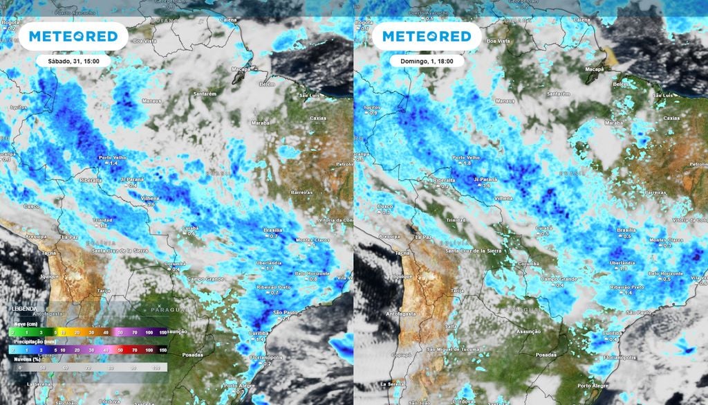 Previsão de nebulosidade e chuva no sábado e domingo de tarde. Previsão de nebulosidade e chuva no sábado e domingo de tarde mostra que uma intensa faixa de precipitação sobre o Brasil continuará atuando ao longo do final de semana de feriado.