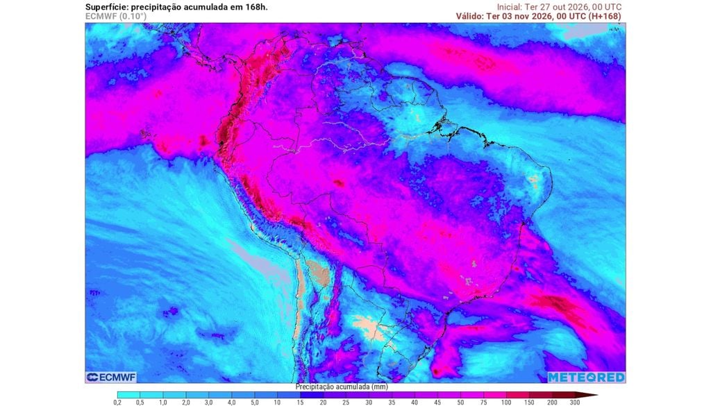 Previsão de acumulados totais de chuva até o final da próxima segunda-feira. Previsão de acumulados totais de chuva até o final da próxima segunda-feira mostra que os acumulados podem chegar perto dos 200 mm em municípios pontuais do Sudeste e Centro-Oeste.