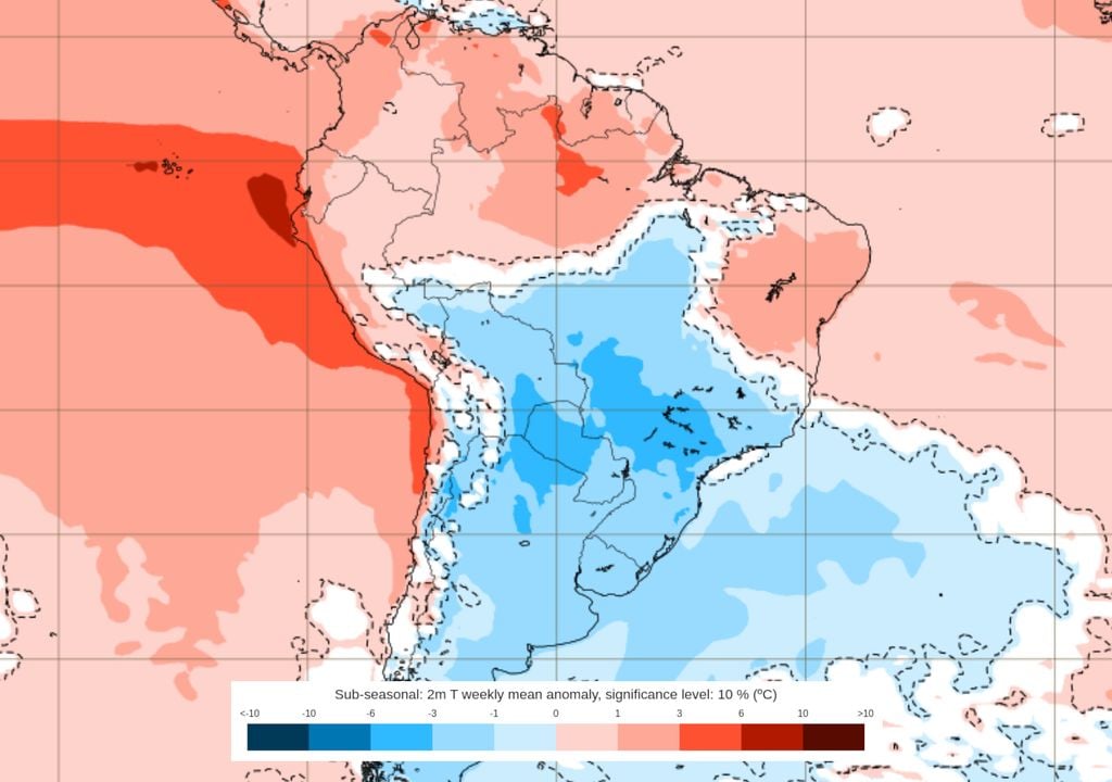 Previsão de anomalia de temperatura entre os dias 7 e 14 de Setembro (modelo ECMWF) Previsão de anomalia de temperatura entre os dias 7 e 14 de Setembro mostra que a próxima semana será muito fria sobre o Brasil, marcada por uma onda de frio com temperaturas negativas.
