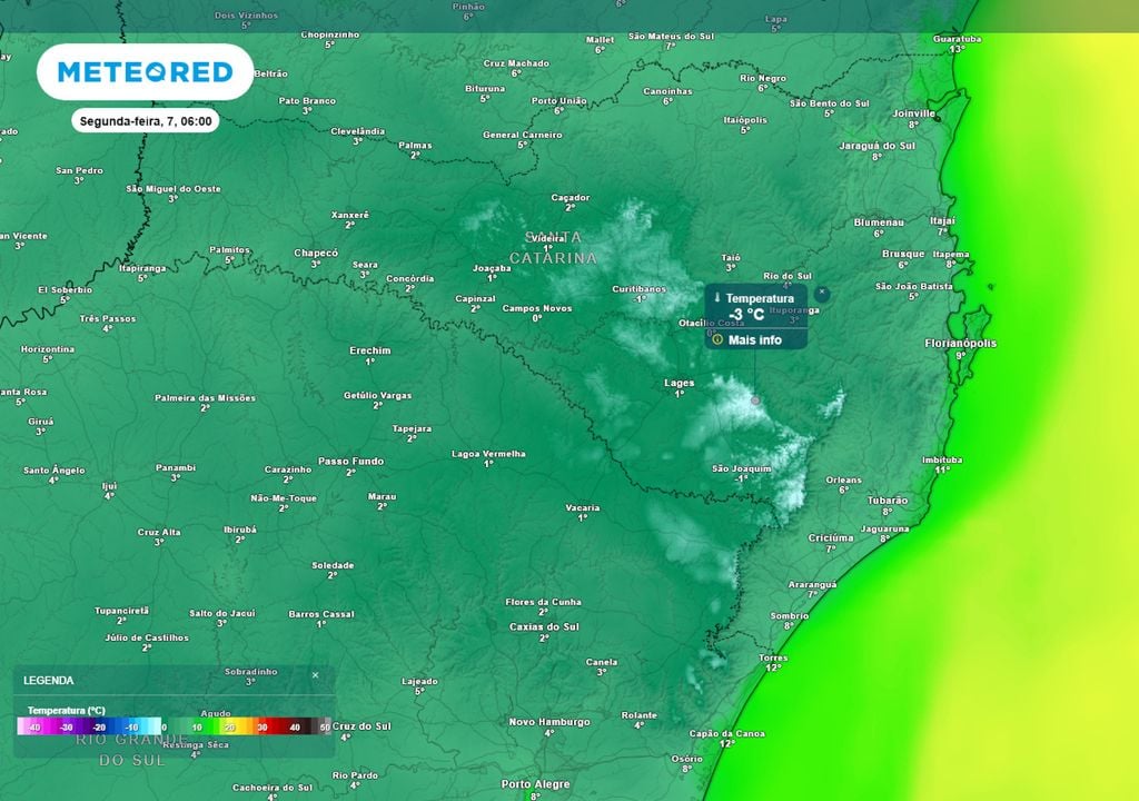 Previsão de temperaturas mínimas na região Sul durante a segunda-feira. Previsão de temperaturas mínimas na região Sul durante a segunda-feira mostra que grande parte de Santa Catarina registrará temperaturas muito baixas, com ocorrência de geadas.