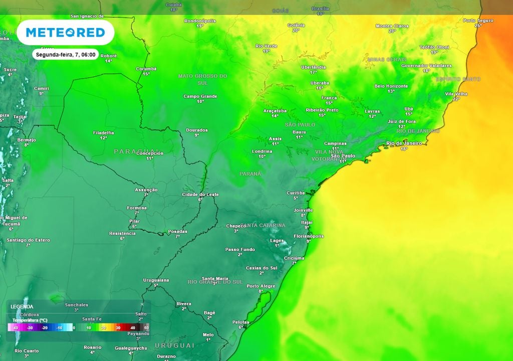 Previsão de temperaturas mínimas na segunda-feira. Previsão de temperaturas mínimas na segunda-feira mostra que o frio intenso também atingirá boa parte do Sudeste (incluindo SP, MG e RJ) e o sul do MS no Centro-Oeste.