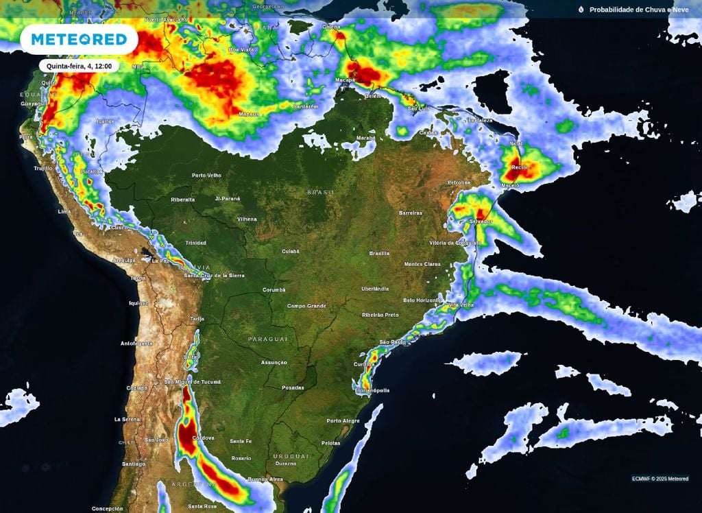 Mapa de probabilidade de chuva. As maiores probabilidade de chuvas estão concentradas no litoral e norte do Brasil.