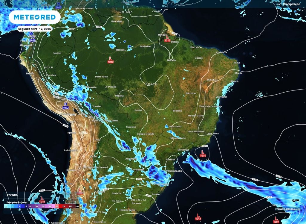 Pressão a nível médio do mar e precipitação Chuvas aumentam área de atuação nesta segunda-feira (12). 4 regiões devem registrar precipitação neste Feriado.