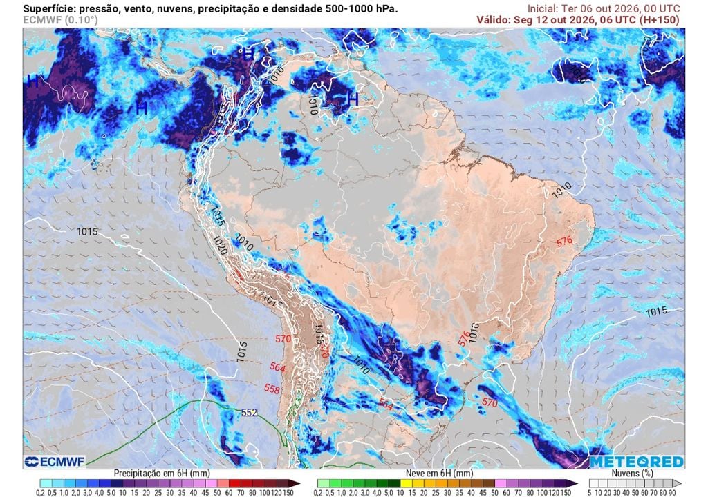 Previsão de chuvas dia 12/10 às 06 horas UTC. Previsão de chuvas dia 12/10 às 06 horas UTC mostra que o feriado se inicia chuvoso em estados do Sul, especialmente PR, SC, norte do RS e sul do MS, causando muitos transtornos.