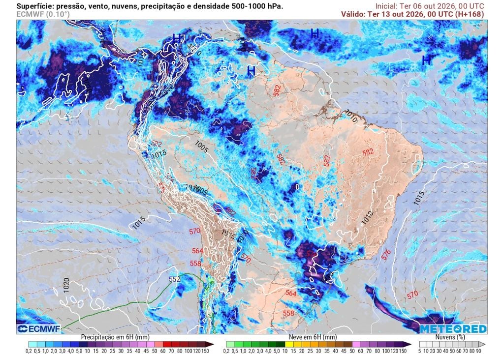Previsão de chuvas dia 13/10 às 00 horas UTC. Previsão de chuvas dia 13/10 às 00 horas UTC mostra que, ao longo da tarde e noite do feriado, as chuvas se estendem pelo resto do RS, MS e também MT, GO, SP, sul de MG e sul de RJ.