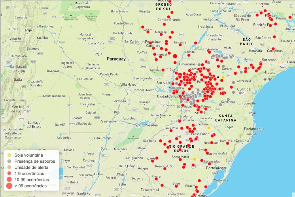 Distribuição de ocorrências de ferrugem asiática da soja, com presença de esporos e casos confirmados em áreas produtoras do Sul e Centro-Sul do Brasil. Figura: Consórcio Antiferrugem