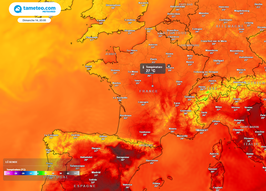 La masse d'air se réchauffera par le sud dimanche, avec des pointes à plus de 25°C dans les régions centrales. La masse d'air se réchauffera par le sud dimanche, avec des pointes à plus de 25°C dans les régions centrales.