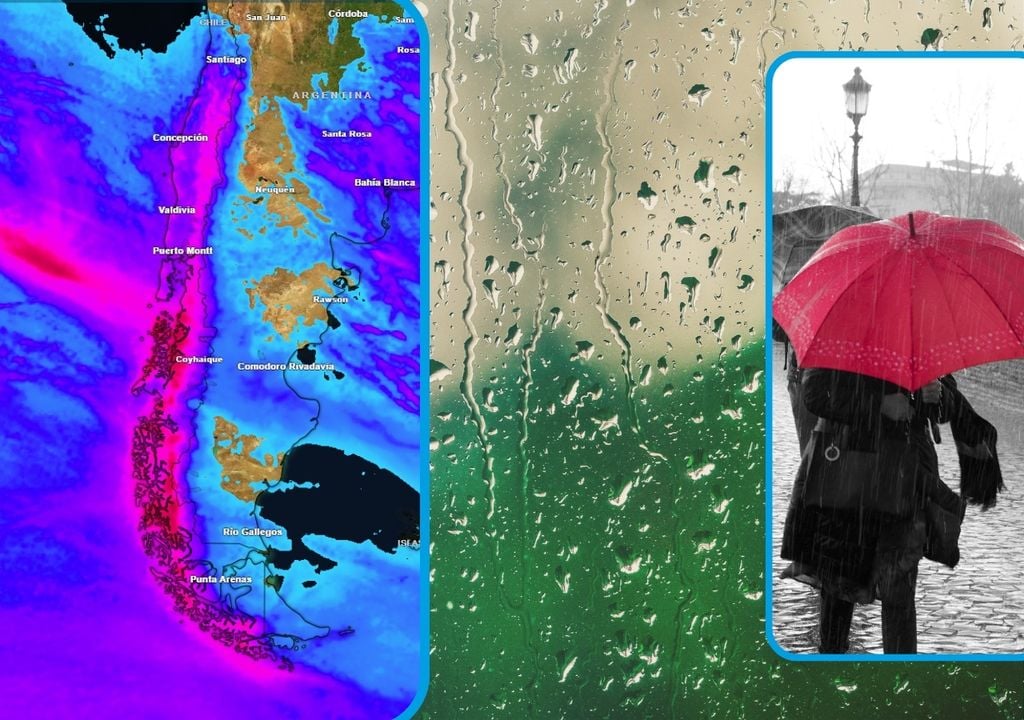 mapa de precipitaciones acumuladas y persona con paraguas