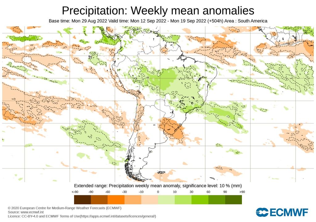 Anomalías de precipitación prevista; modelo ECMWF