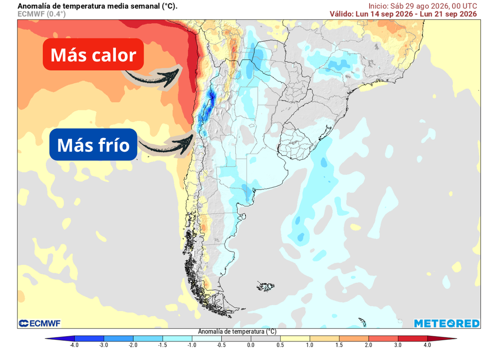 Anomalía de temperatura del aire (°C) para la semana del 14 de septiembre 2026. Sobre los valores climatológicos normales (tonos rojo), bajo los valores climatológicos normales (tonos azul) y en torno a los valores climatológicos normales (color gris).