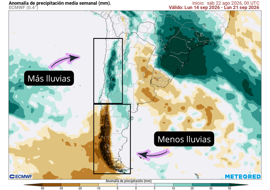 Meteored y el ECMWF pronostican lluvias para las Fiestas Patrias 2026 en Chile Anomalía de precipitación (mm) para la semana del 14 de septiembre 2026. Sobre los valores climatológicos normales (tonos verde), bajo los valores climatológicos normales (tonos marr��n) y en torno a los valores climatológicos normales (color blanco).