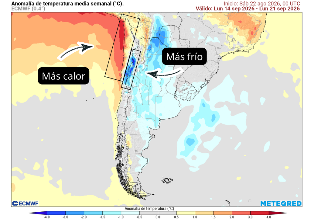 Meteored y ECMWF pronostican lluvias para las Fiestas Patrias 2026 en Chile Anomalía de temperatura (°C) para la semana del 14 de septiembre 2026. Sobre los valores climatológicos normales (tonos rojo), bajo los valores climatológicos normales (tonos azul) y en torno a los valores climatológicos normales (color gris).