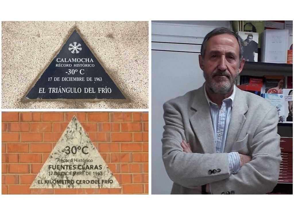Triángulo del frío Izquierda: Placas conmemorativas con los triángulos del frío de Calamocha (Crédito: Diario de Teruel) y Fuentes Claras (Crédito: Rubén del Campo). Derecha: Vicente Aupí (Crédito: Tribuna de Guadalajara).
