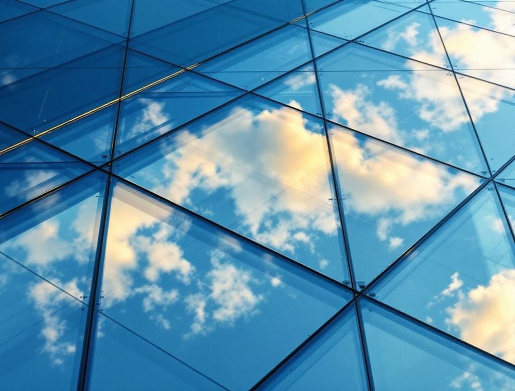 Nubes y geometría Cielo con nubes reflejado en los cristales con formas geométricas de un edificio. Crédito: StockCake