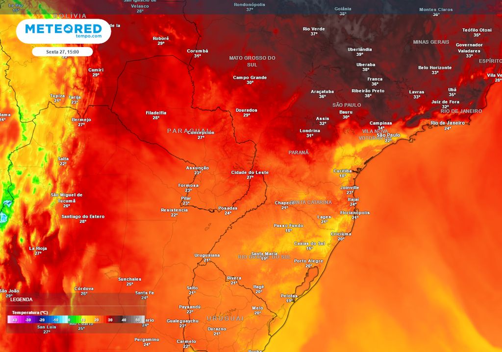 Previsão de temperaturas máximas na sexta-feira.