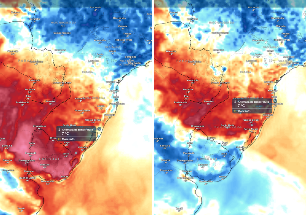 Previsão de anomalia de temperatura quinta (5, esquerda) e sexta-feira (6, direita), de acordo com o ECMWF.