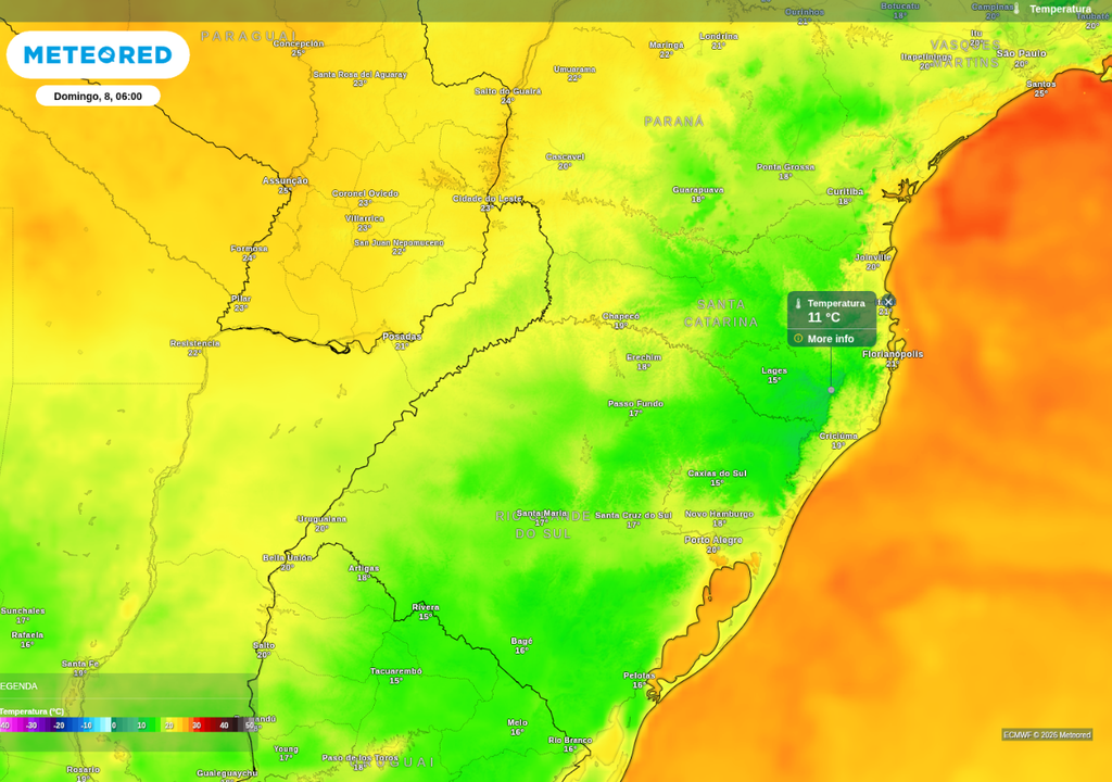 Previsão de temperatura mínima neste domingo (8), de acordo com o ECMWF.