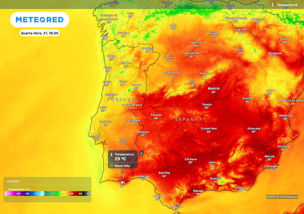 Quarta-feira com temperaturas mais baixas, com máximas nos 29 ºC em Faro e Beja. Quarta-feira com temperaturas mais baixas, com máximas nos 29 ºC em Faro e Beja.