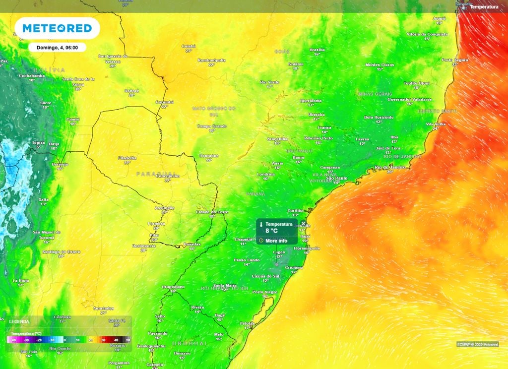 Mapa de temperatura mínima prevista para este domingo, 4, no centro-sul do Brasil | Imagem: Meteored
