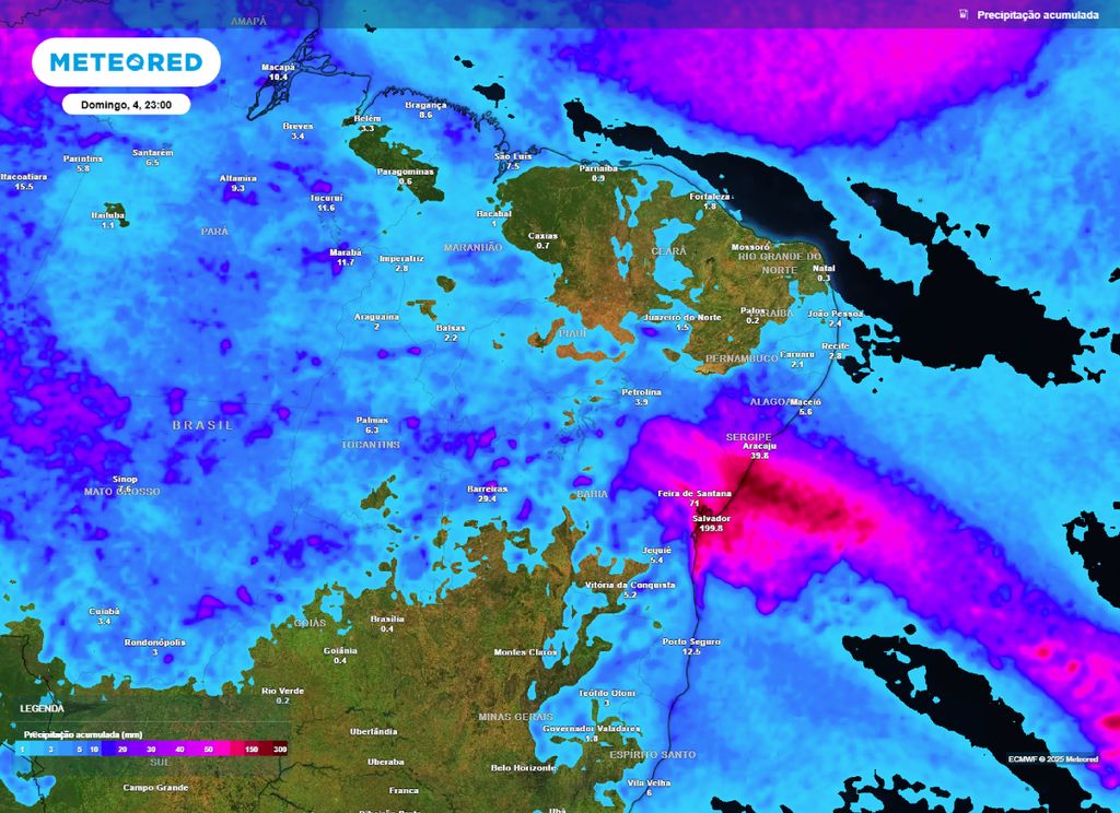 Mapa de precipitação acumulada entre sexta (02) e domingo (04).